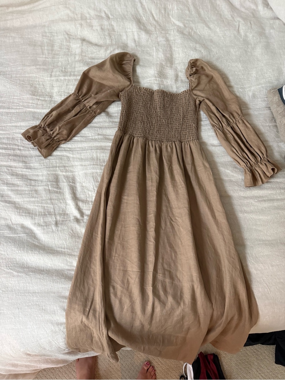 Reformation Taupe Smocked Midi Dress with Puff Sleeves